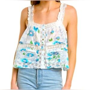 LoveShackFancy Blue Floral Sully Top Eyelet Lace Blouse Tank XS Extra Small
